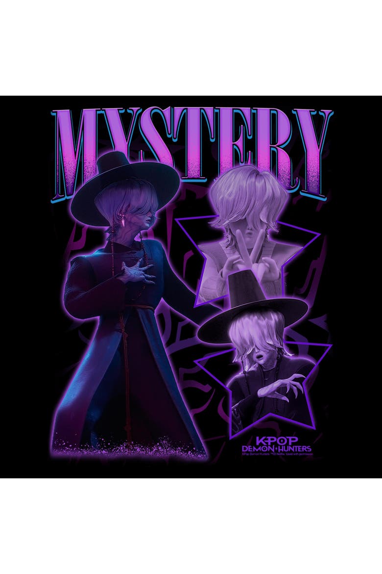 Juniors KPop Demon Hunters Mystery Saja Collage T Shirt, Alternate, color, Black