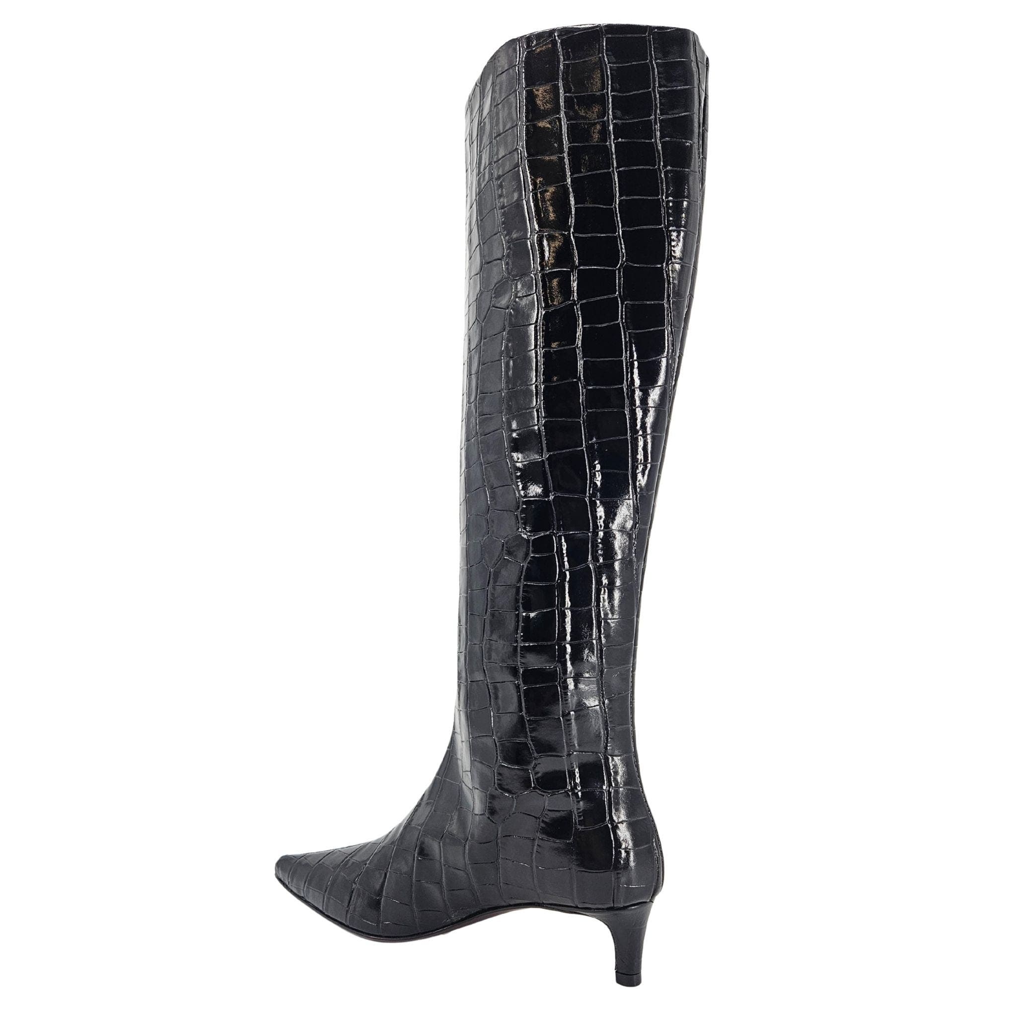 Madison Maison Tall Moc Croc Pointy Toe Kitten Heel Boot, Alternate, color, Black