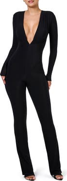 Naked Wardrobe Deep V-Neck Long Sleeve Jumpsuit
