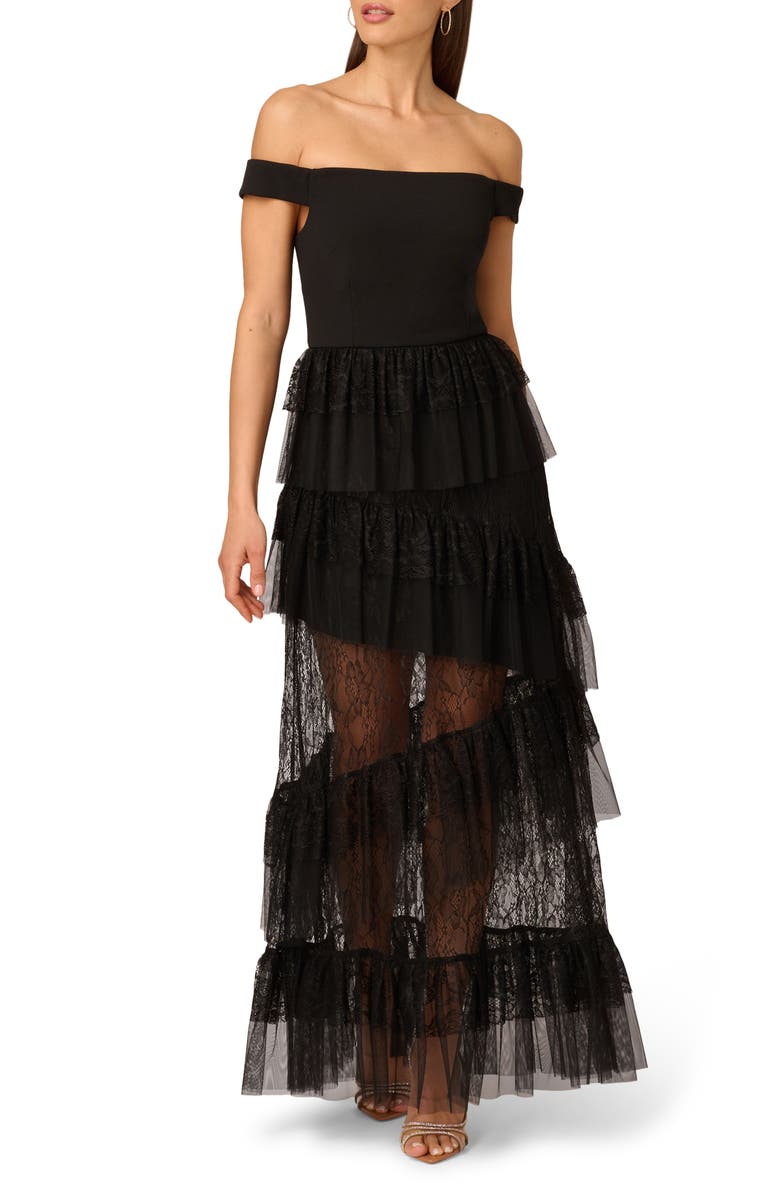 Adrianna Papell Off the Shoulder Tiered Lace Gown, Main, color, Black