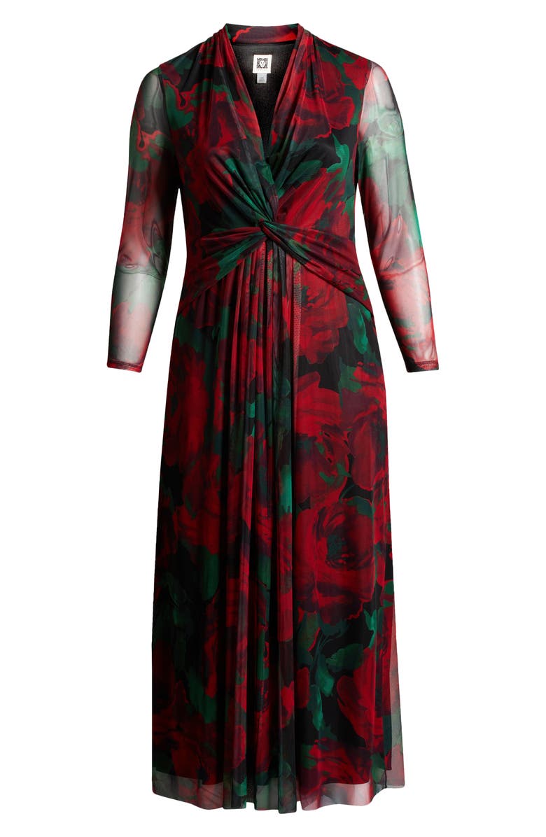 Anne Klein Floral Twist Front Long Sleeve Mesh Maxi Dress, Alternate, color, Titan Red Multi