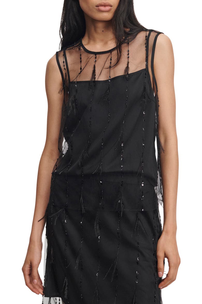 Geena Sequin Ostrich Feather Tank, Alternate, color, BLACK