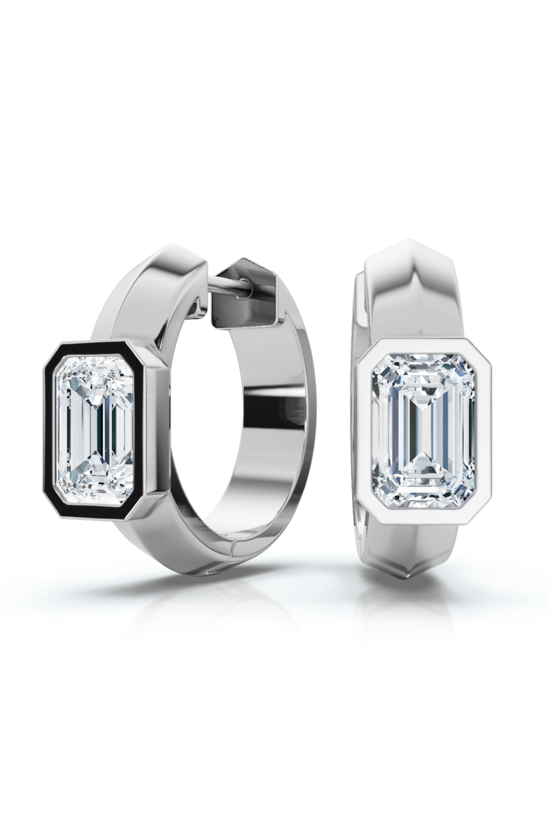 1 1/3ct Emerald Cut Brava Bezel Diamond Hoops 5/8" Huggies 14k Gold Lab Grown, Main, color, 14k White Gold