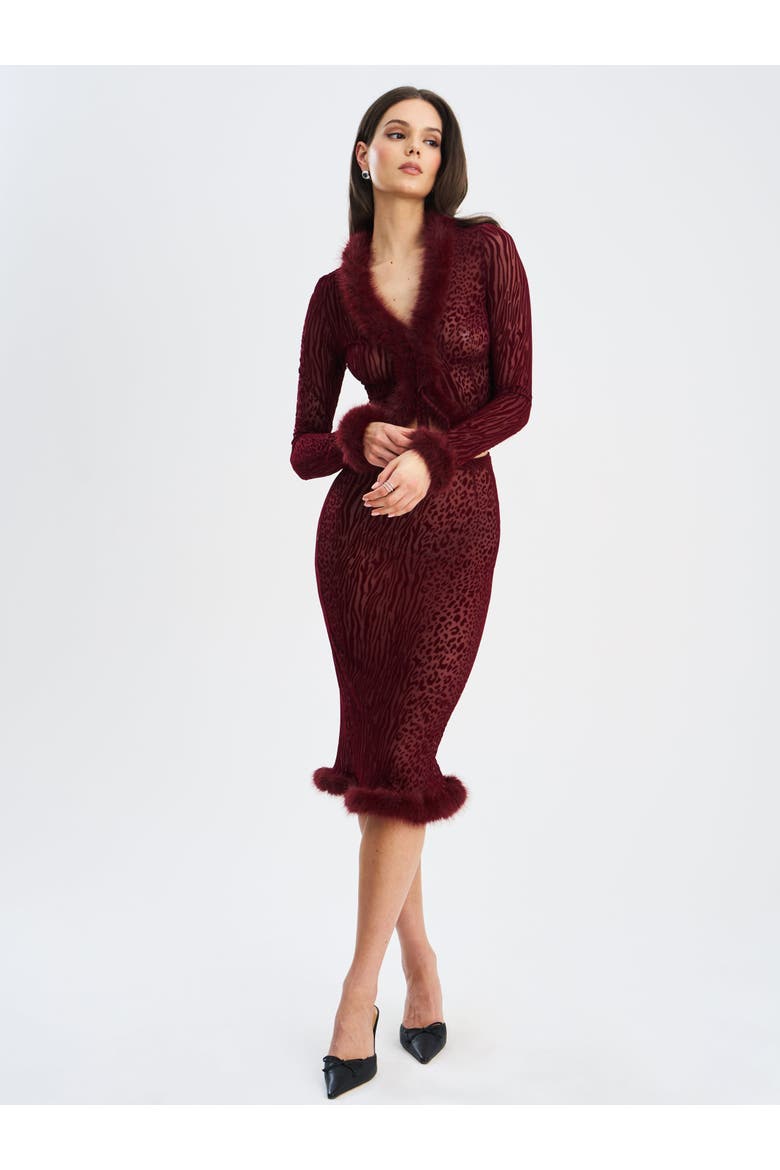 Halii Burnout Velvet Mesh Fur Trim Top, Alternate, color, Burgundy