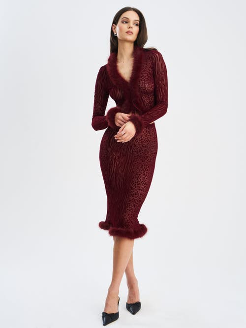 Miss Circle Halii Burnout Velvet Mesh Fur Trim Top In Burgundy