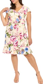 London Times Flounce Ruffle Print Dress