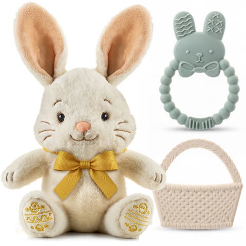 Plush Bunny with Bow and Silicone Teether Set