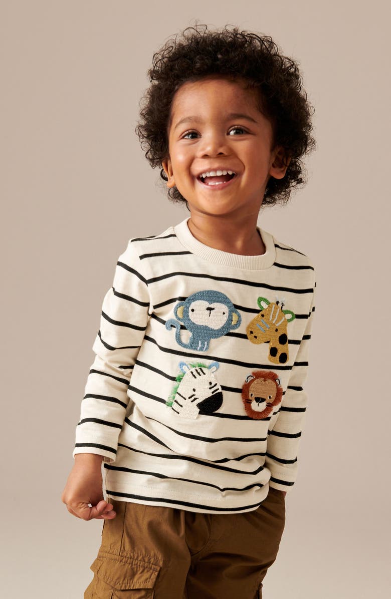 NEXT Kids' Animal Appliqué Stripe Long Sleeve Cotton Graphic T-Shirt, Alternate, color, 