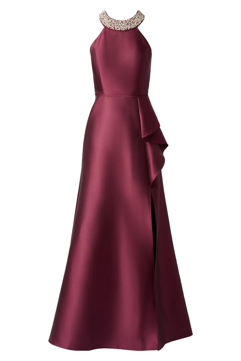 Embellished Neck Mikado Gown, Alternate, color, DEEP WINE