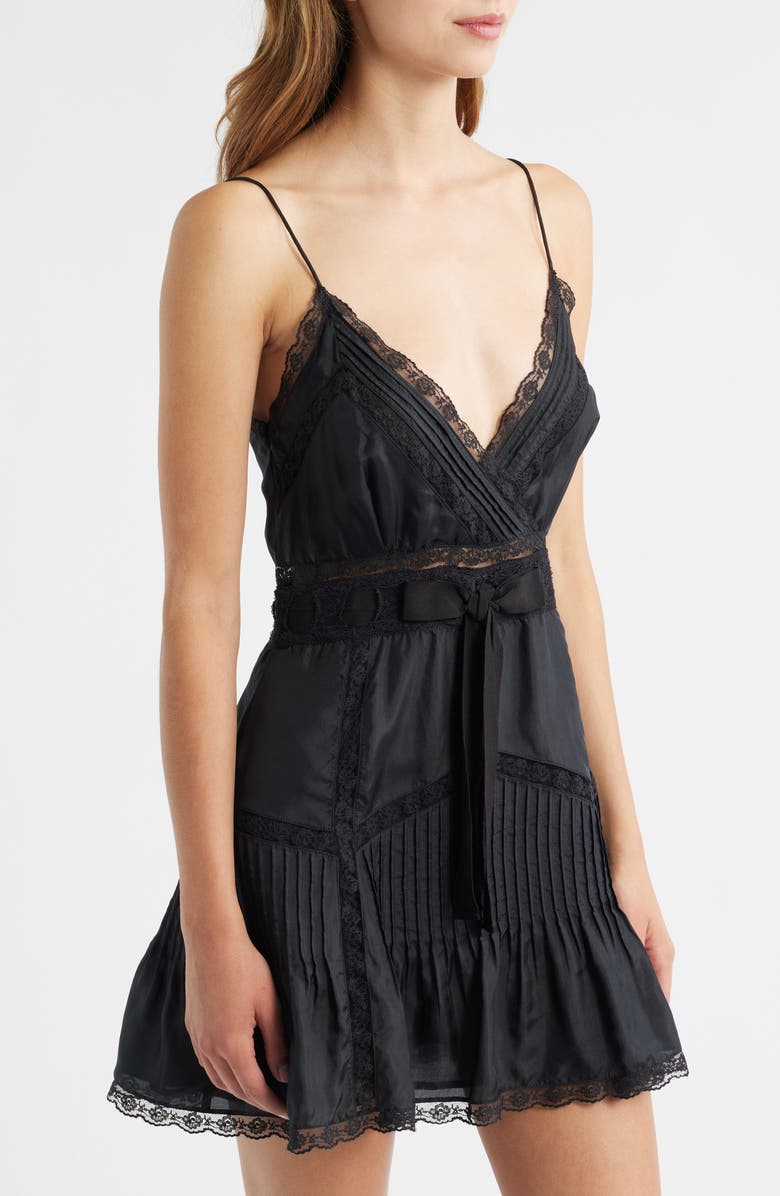 LoveShackFancy Sibelle Pleated Bodice Lace Inset Silk Minidress, Alternate, color, Black