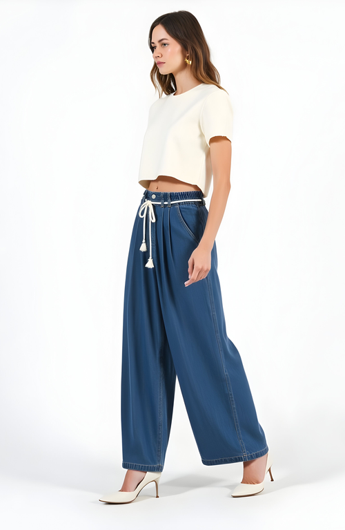 Modenaire Wide Leg Denim Pants With Tassel Drawstring Waist And Pleat Detail In Blue