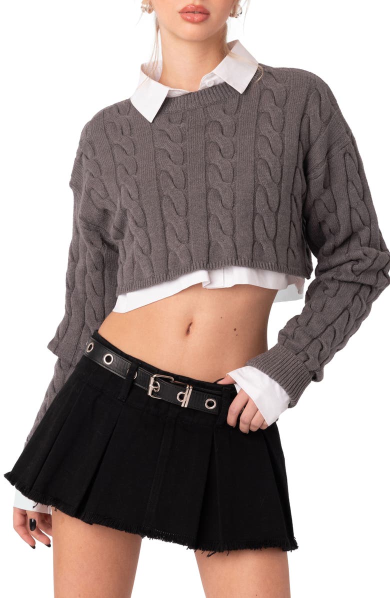 EDIKTED Steel Crop Cable Sweater, Main, color, 