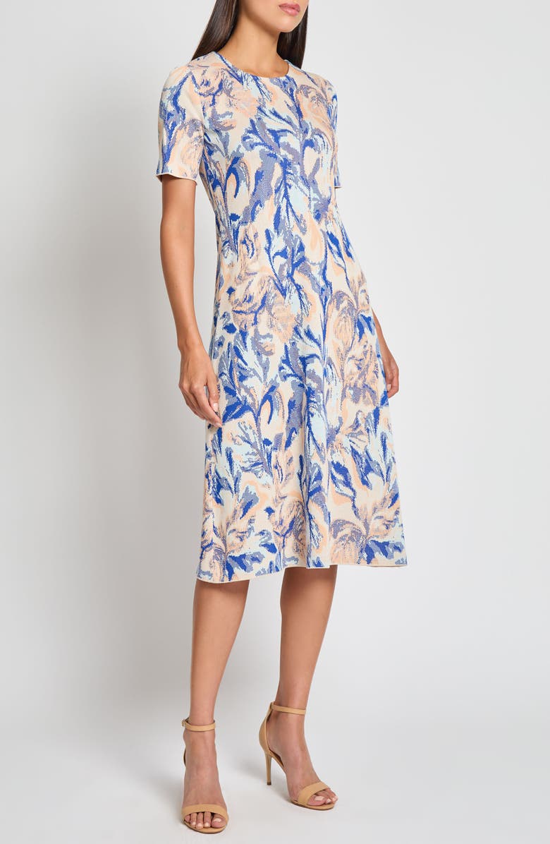 Misook Modern Fit Floral Jacuard Dress, Alternate, color, Aegean Blue/ Aquatic Multi