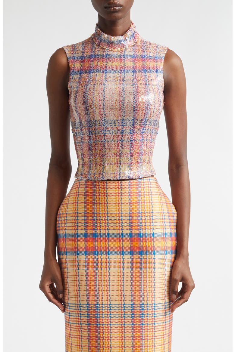 The Piper Paillette Plaid Mock Neck Top, Main, color, ORANGE PLAID