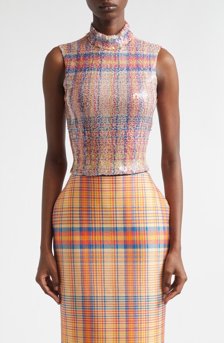 Brandon Maxwell The Piper Paillette Plaid Mock Neck Top, Main, color, Orange Plaid