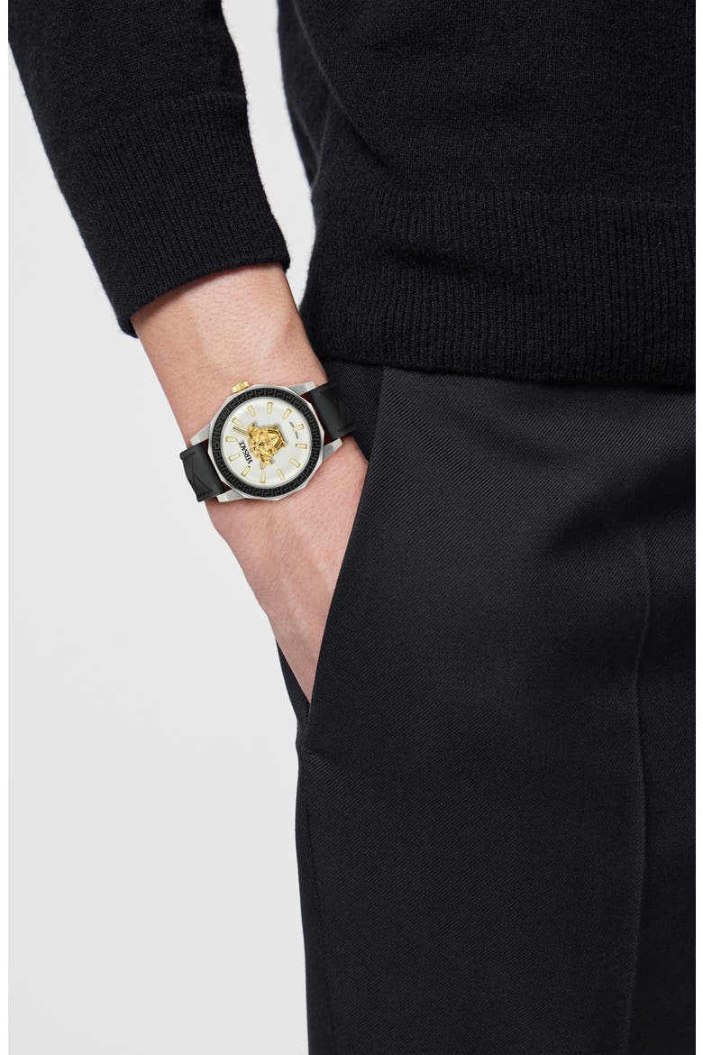 Medusa Deco Leather Strap Watch, 43mm, Alternate, color, STAINLESS STEEL