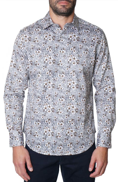 Etched Floral Print Cotton Button-Up Shirt