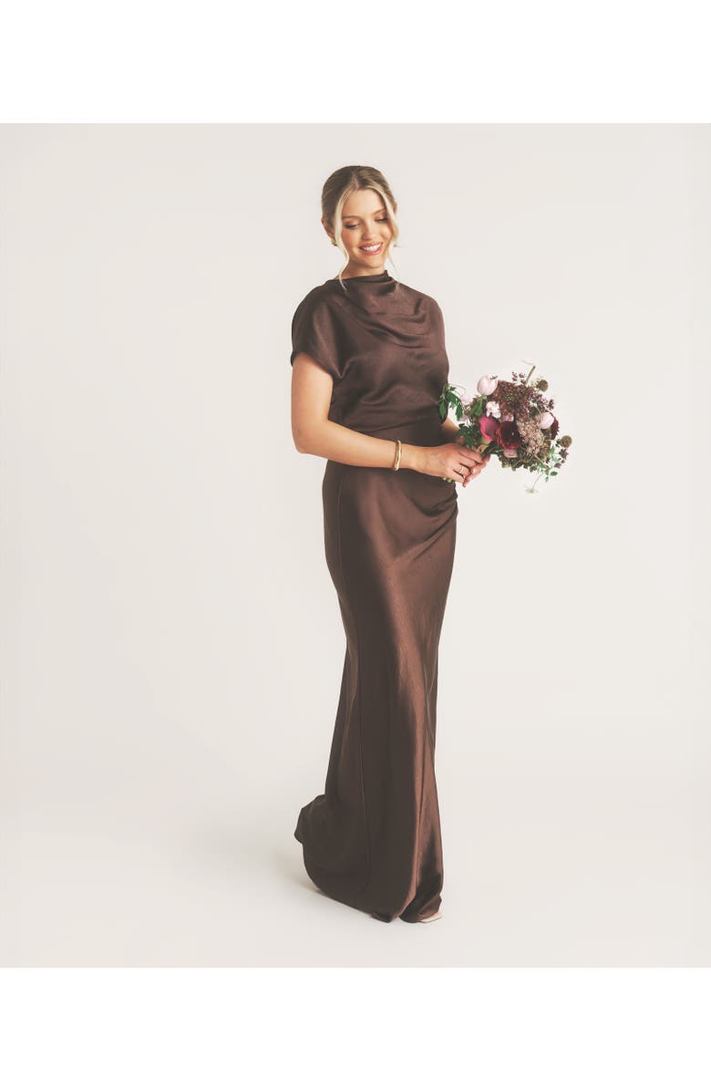 Six Stories Batwing High Neck Satin Bridesmaid Dress, Alternate, color, Chocolate