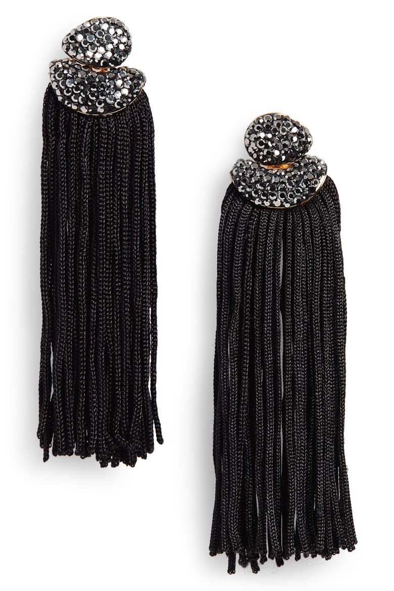 Luxe Top Fringe Drop Earrings, Main, color, BLACK