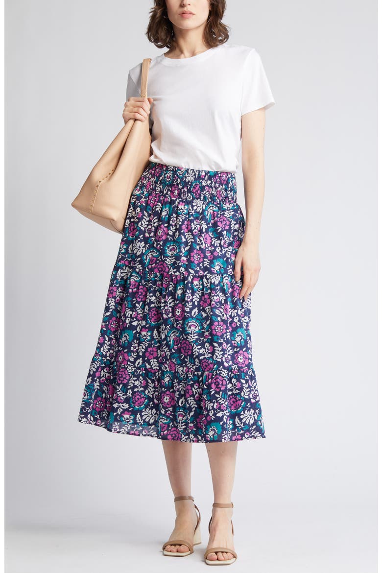 Edina Floral Tiered Cotton Midi Skirt, Main, color, WOODBLOCK FLORAL
