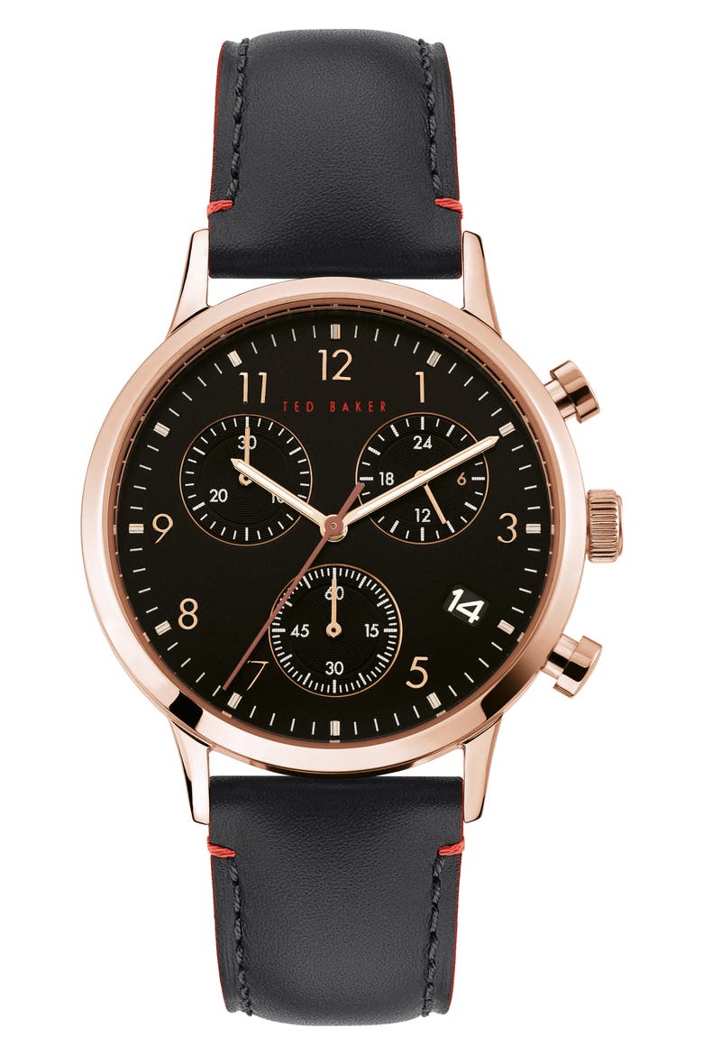 Cosmo Leather Strap Chronograph Watch, 40mm, Main, color, BLACK
