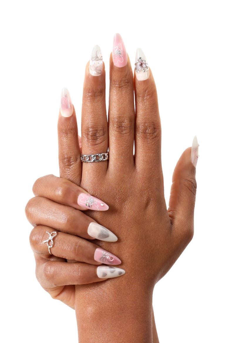 Hearts Of Pearls Almond Press On Nails, Alternate, color, Pink