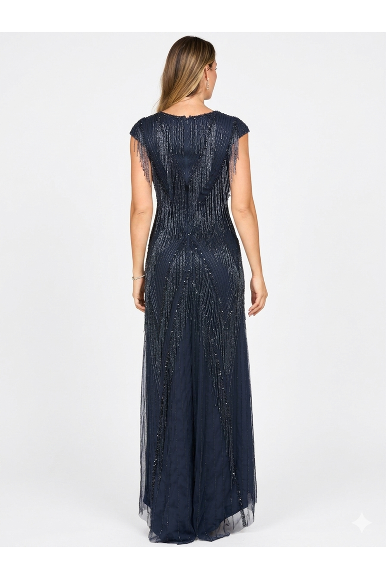 Beaded Fringe V-Neckline Dress with Cap Sleeves, Alternate, color, Navy