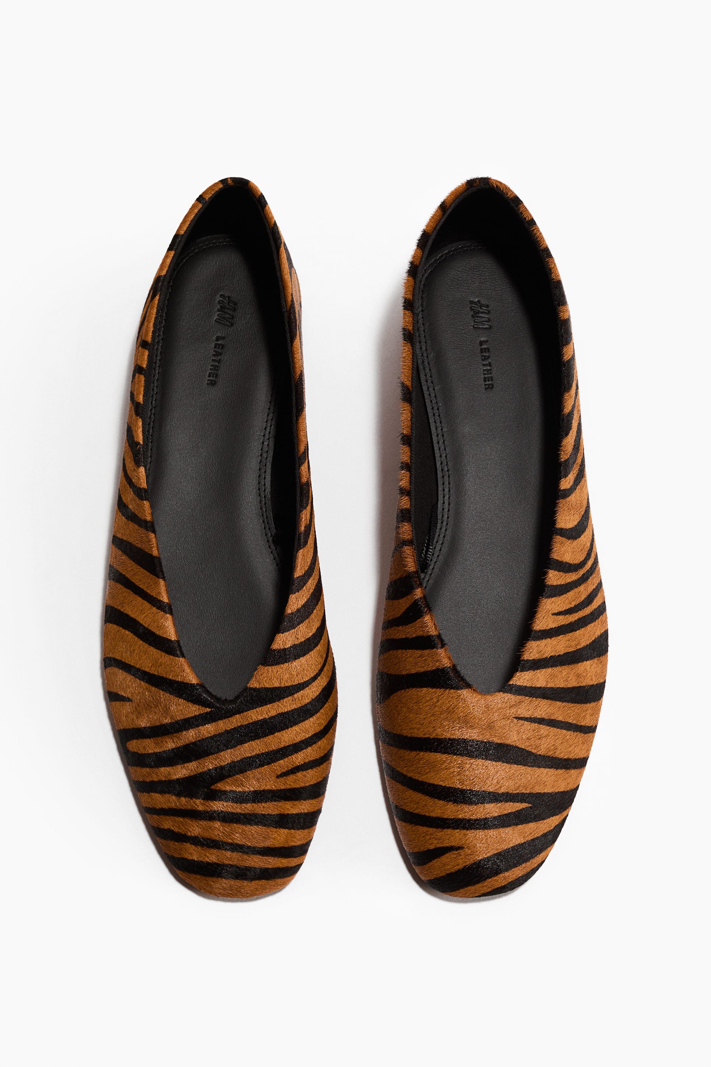 H&M Leather Ballet Flats, Main, color, Dark Beige/Faux Tiger