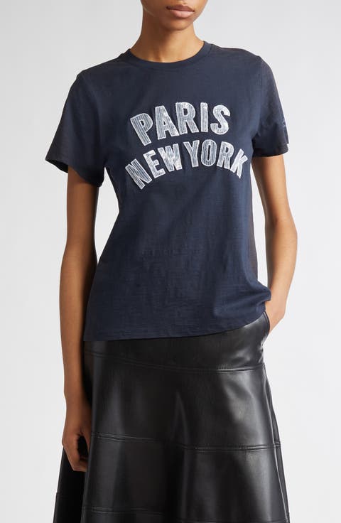 Paris New York Denim Appliqué T-Shirt