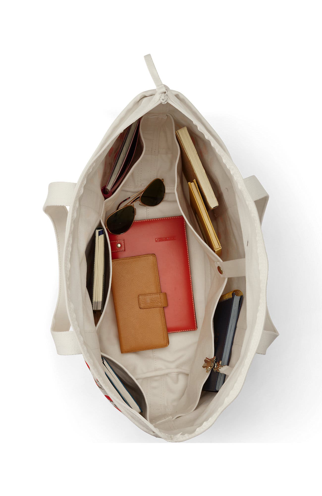 Lands' End Medium Print 5 Pocket Open Top Canvas Tote Bag, Alternate, color, Red Strawberry/Natural