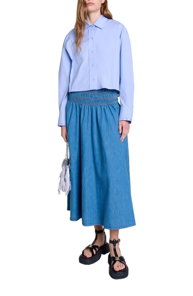 maje Smocked denim skirt, Main, color, 