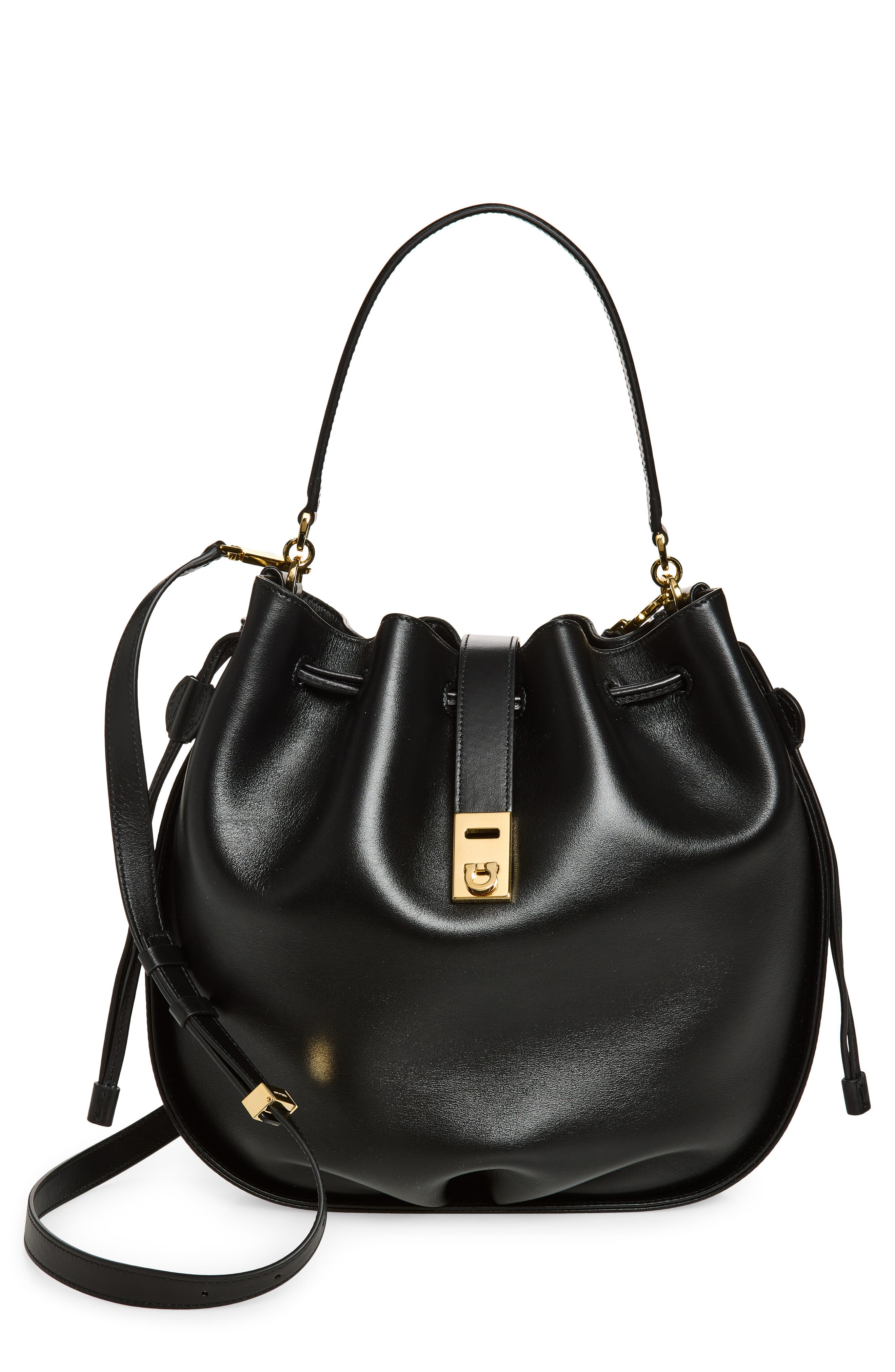 FERRAGAMO Hug Leather Bucket Bag, Main, color, Nero