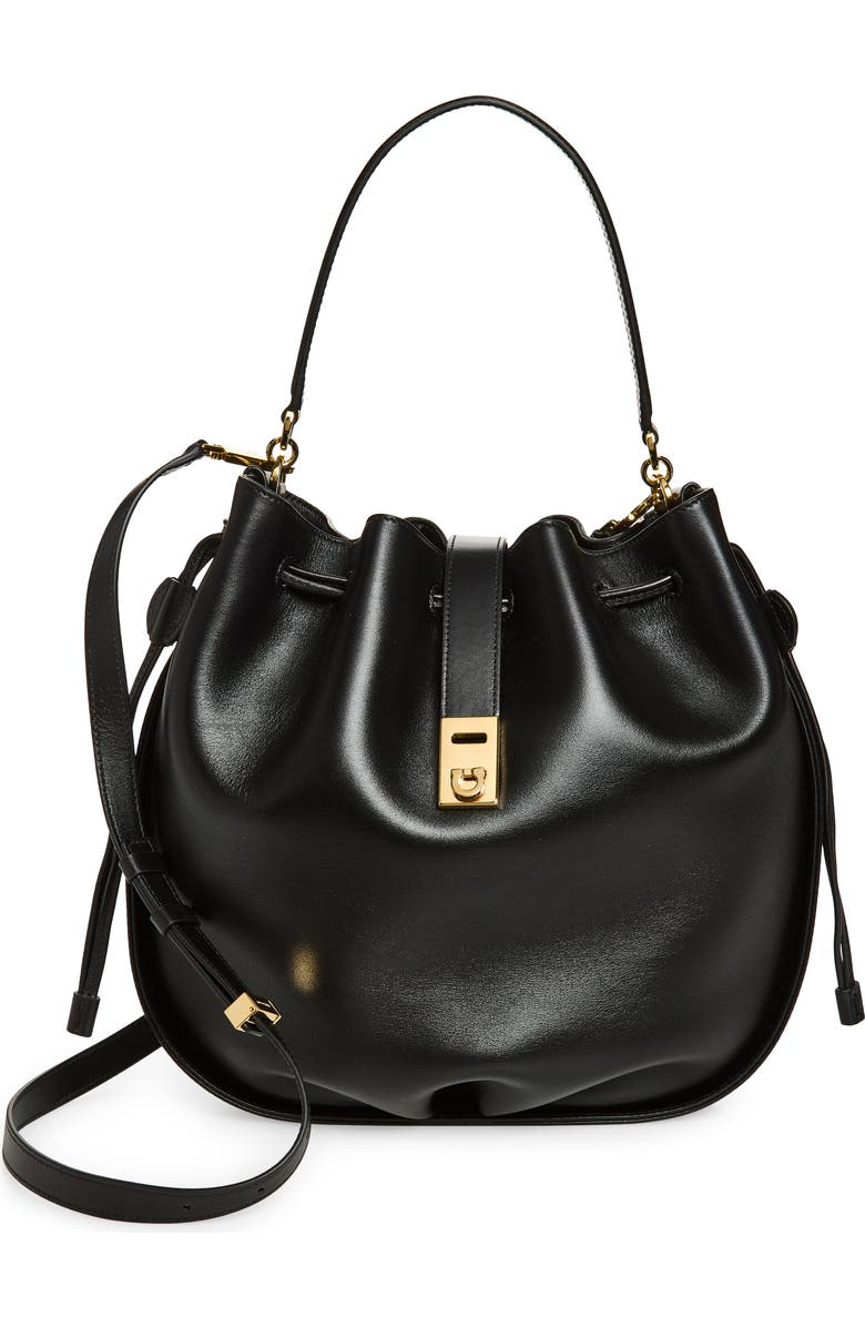 FERRAGAMO Hug Leather Bucket Bag, Main, color, Nero
