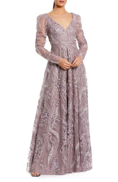 Floral Embroidered V-Neck Long Sleeve Gown