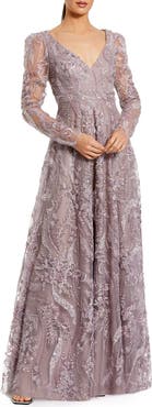 Mac Duggal Floral Embroidered V-Neck Long Sleeve Gown
