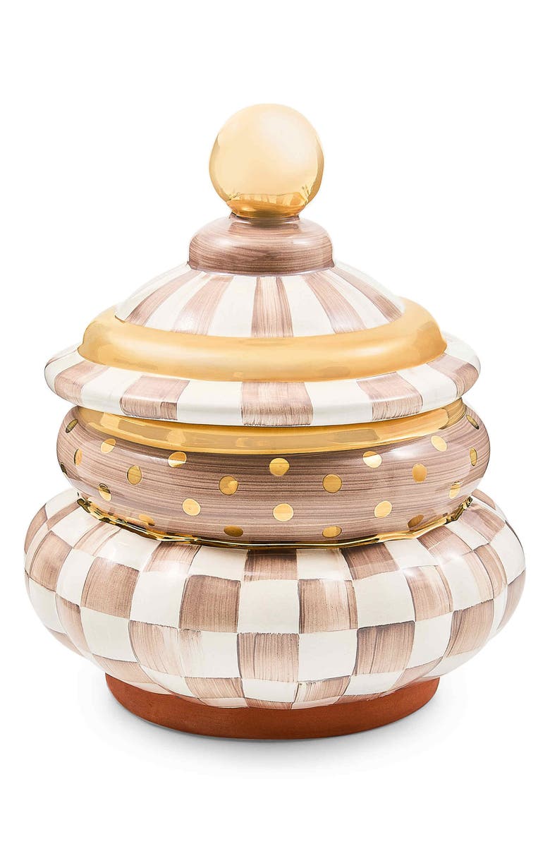 MACKENZIE CHILDS Mocha Check Ceramic Groovy Canister, Main, color, Mocha