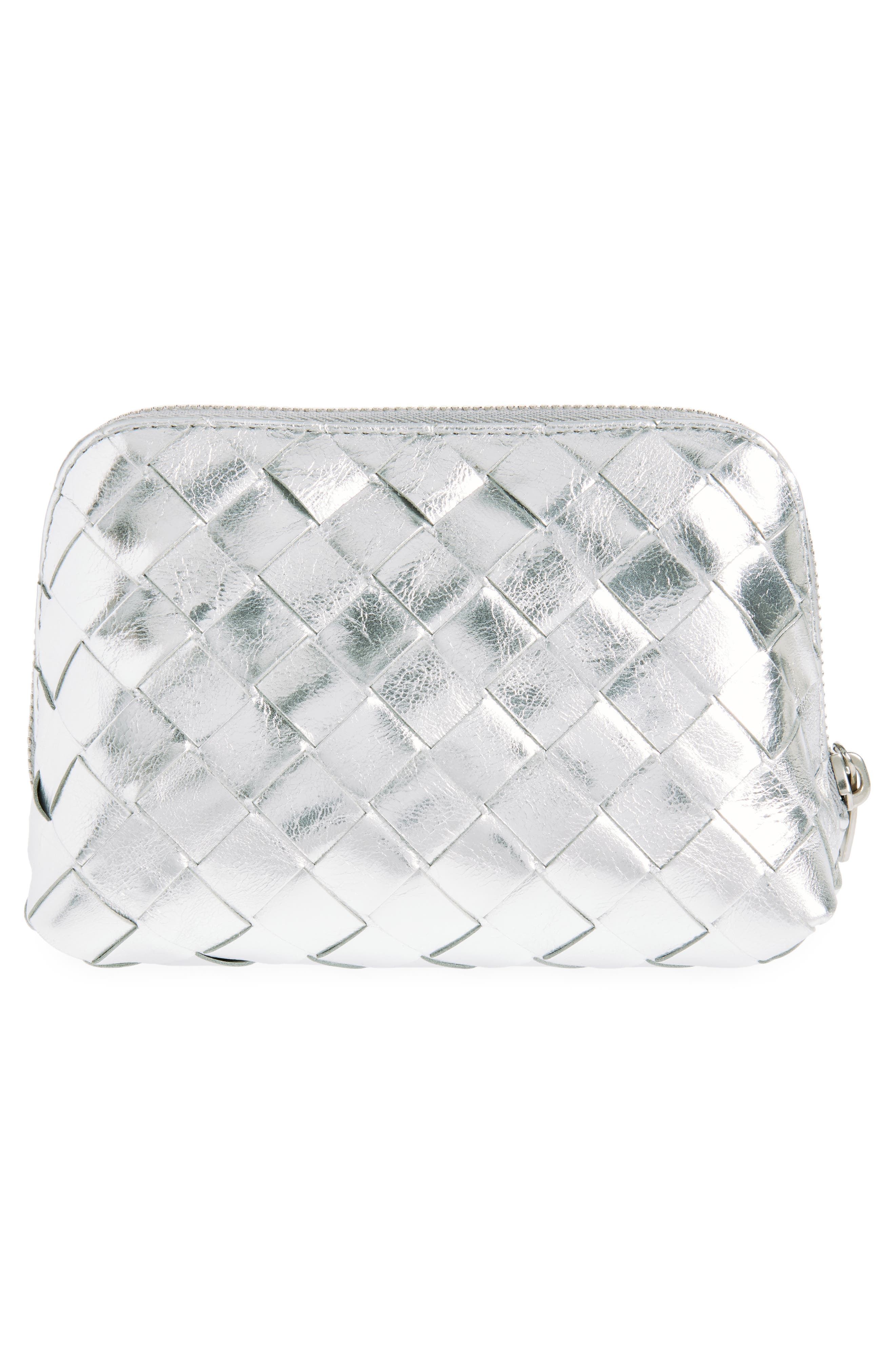 Bottega Veneta Intrecciato Metallic Leather Cosmetic Bag, Alternate, color, Silver- Silver