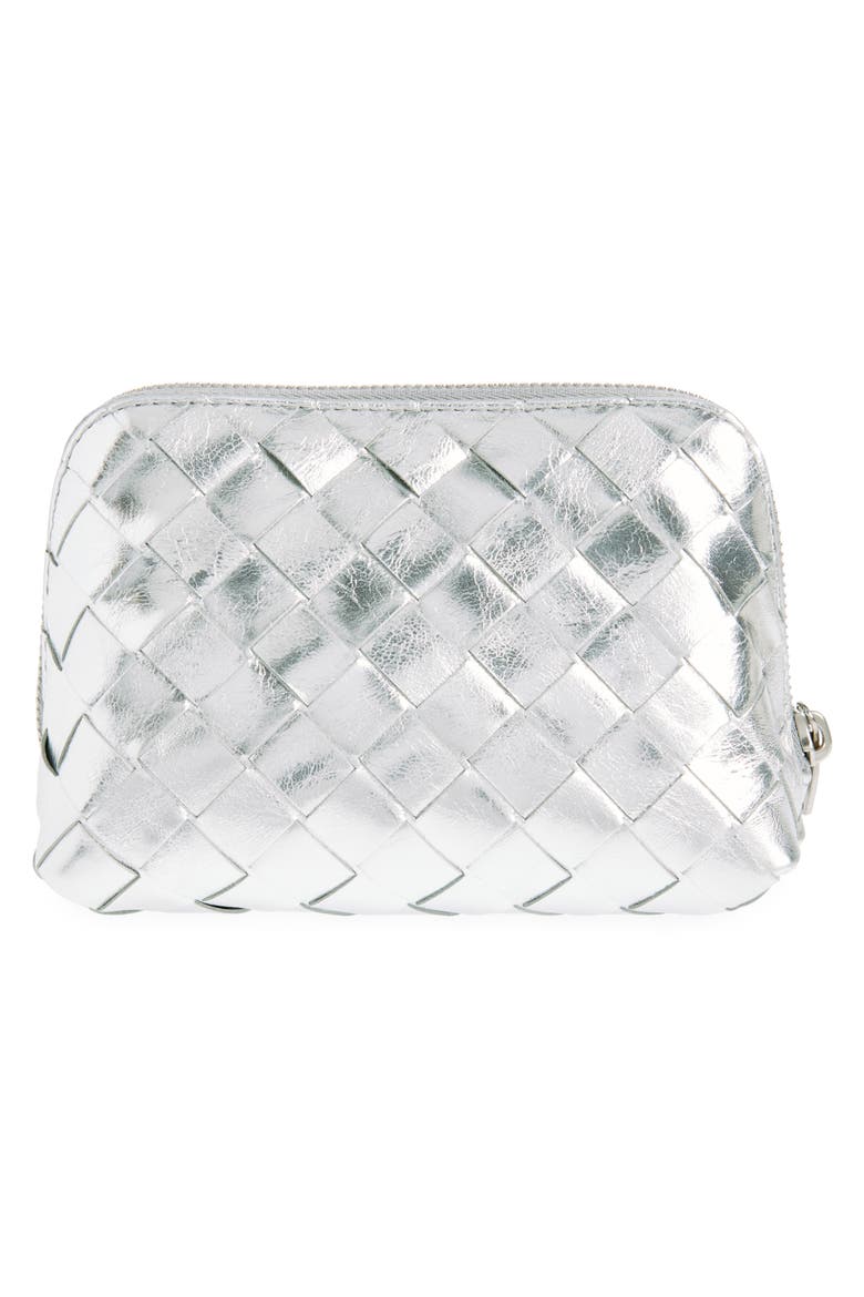 Intrecciato Metallic Leather Cosmetic Bag, Alternate, color, SILVER- SILVER