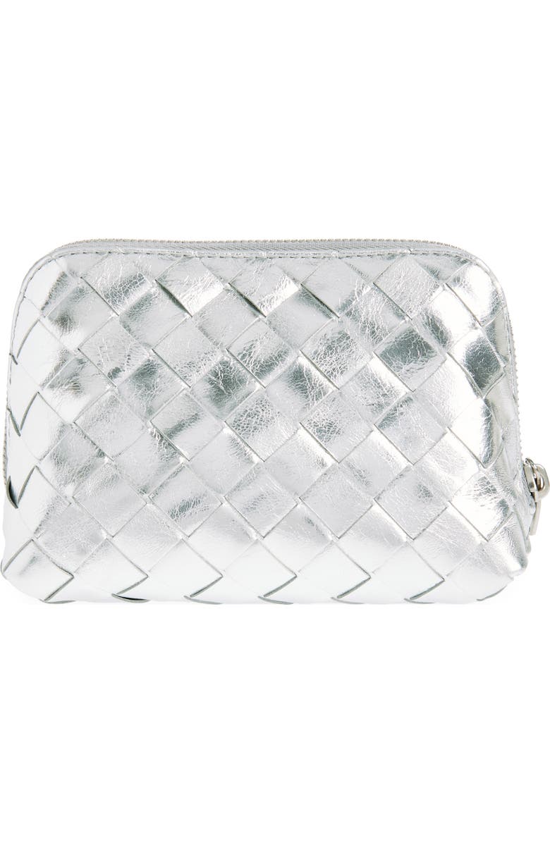Bottega Veneta Intrecciato Metallic Leather Cosmetic Bag, Alternate, color, Silver- Silver