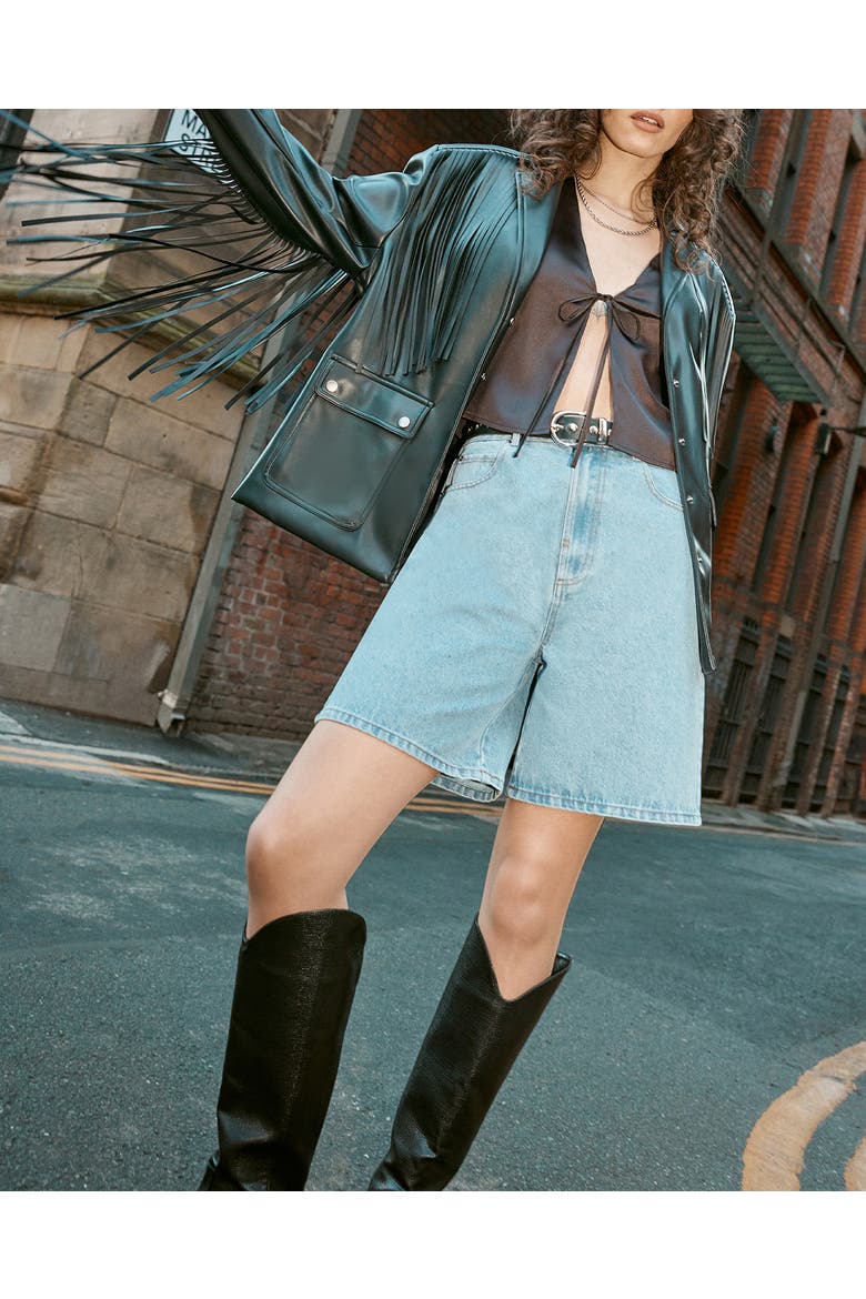 Fringe Faux Leather Belted Jacket, Alternate, color, Black