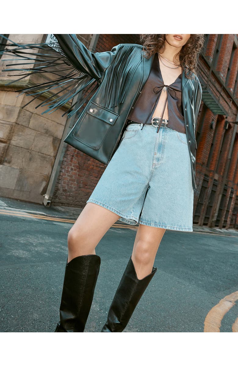 NASTY GAL Fringe Faux Leather Belted Jacket, Alternate, color, Black
