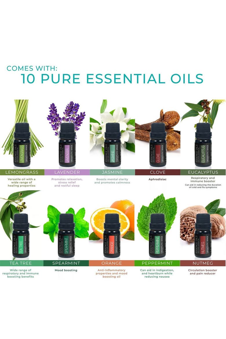 Ultrasonic Aromatherapy Diffuser & 10-Pack Pure 400ml Essential Oils, Alternate, color, NO COLOR