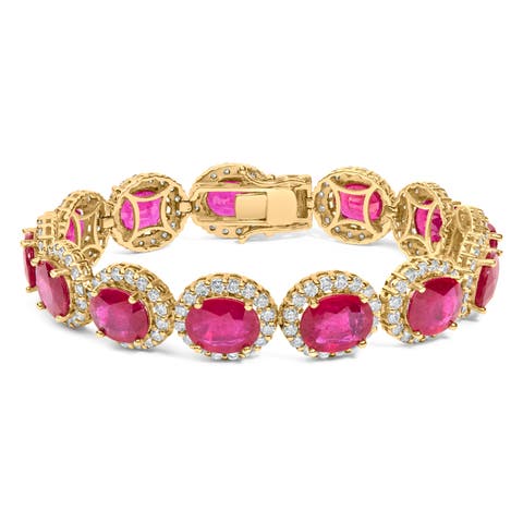 14K Gold 6 2/5 Ct Diamond & 34 Ct Ruby Halo Link Bracelet