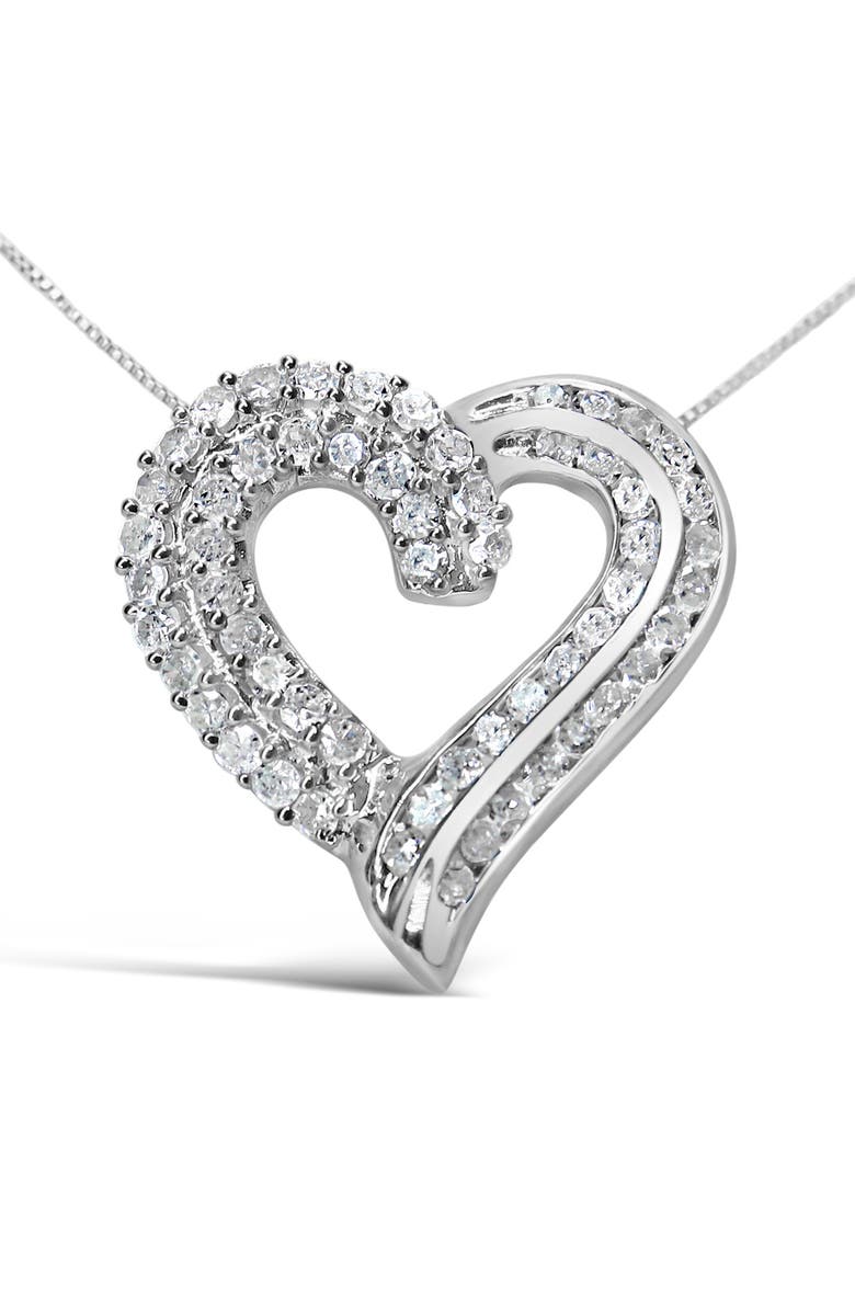 Haus of Brilliance Silver 1.0 Cttw Prong & -Set Diamond Open work Ribbon Heart Pendant 18" Necklace, Main, color, White