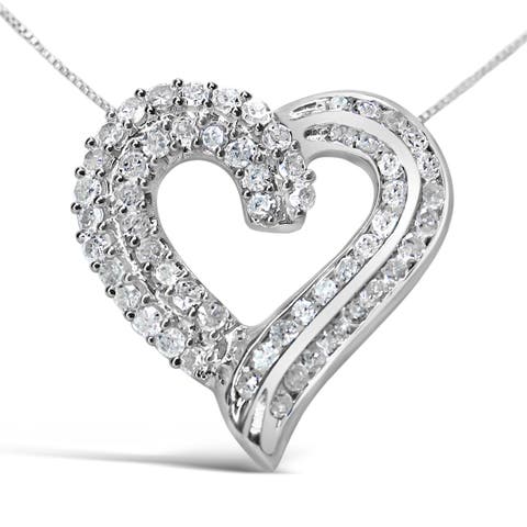 Silver 1.0 Cttw Prong & -Set Diamond Open work Ribbon Heart Pendant 18" Necklace