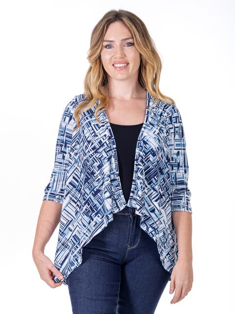 Petites Navy Print Elbow Length Sleeve Open Cardigan
