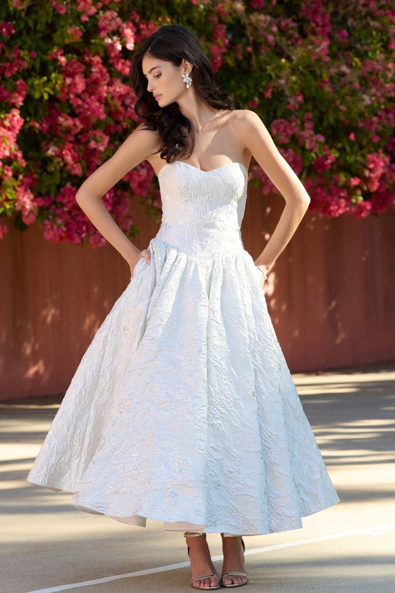 Brocade Strapless Dropwaist Midi Dress, Alternate, color, Ivory