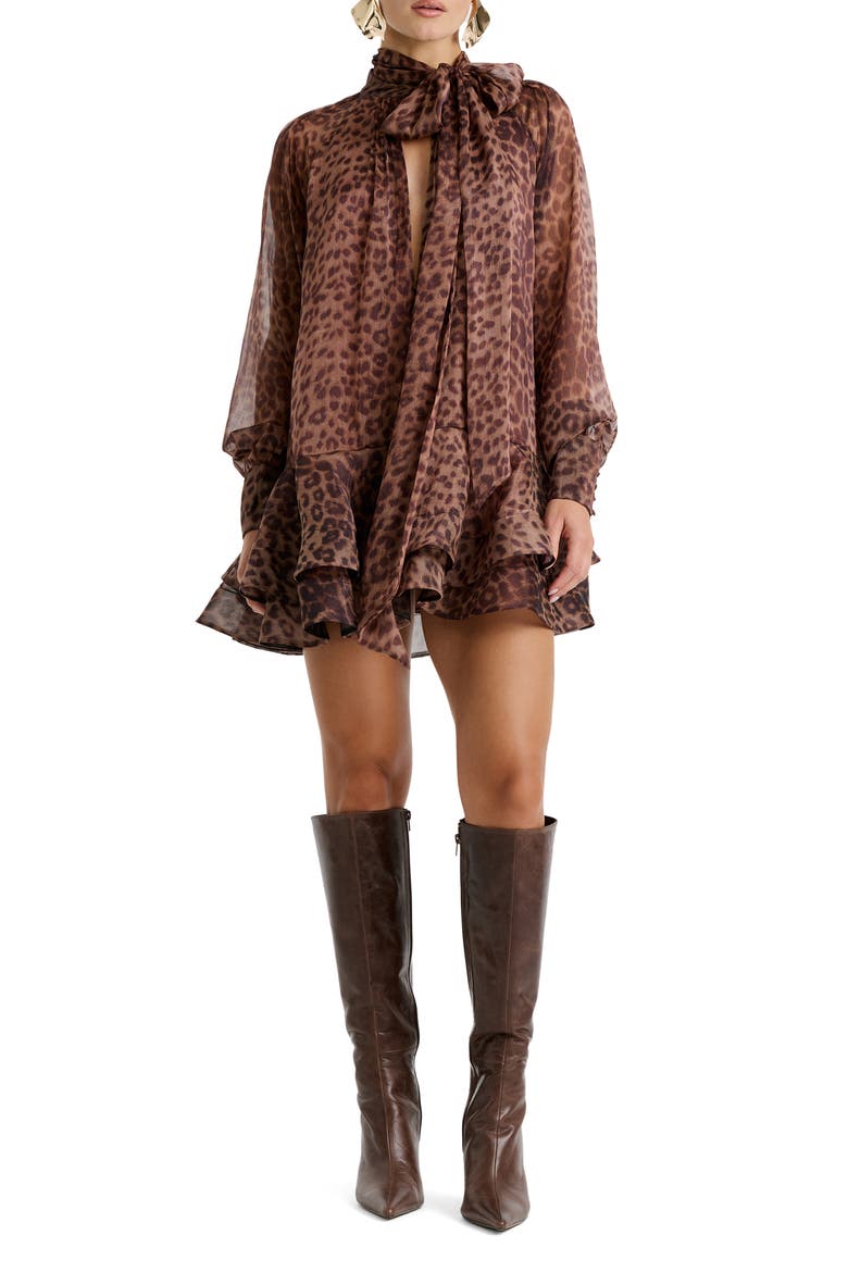 Adrie Long Sleeve Babydoll Minidress, Main, color, LEOPARD