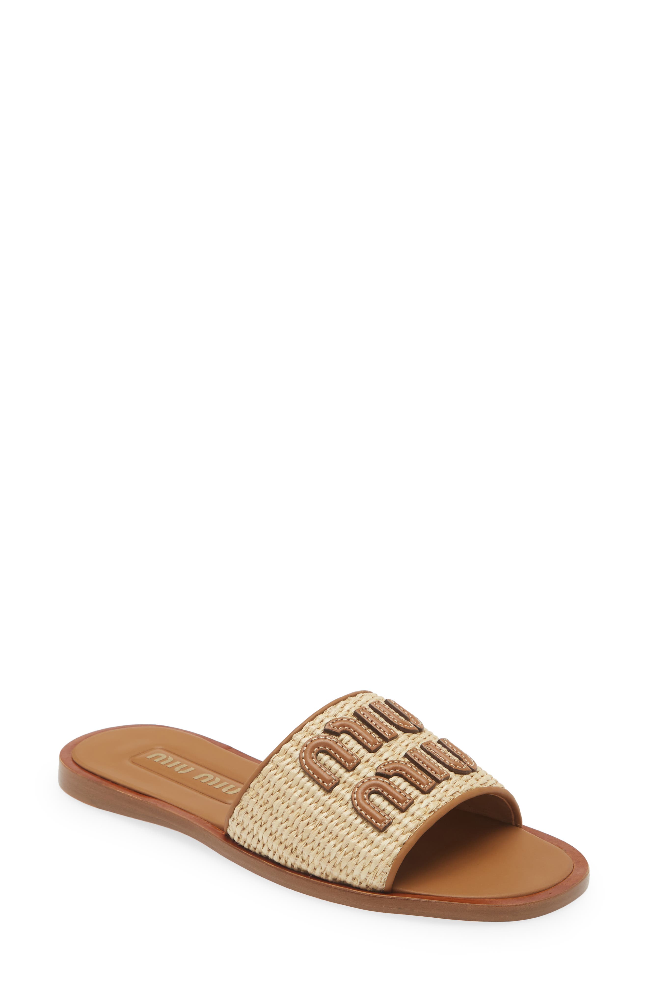 Miu Miu Logo Raffia Slide Sandal, Main, color, 