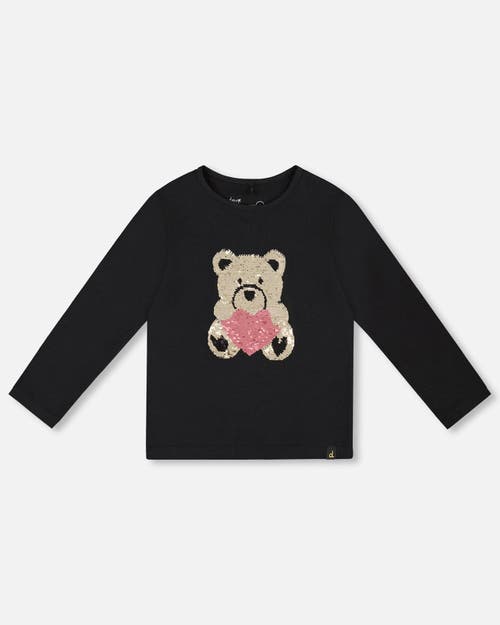 Deux Par Deux Organic Cotton T-shirt With Reversible Sequin Teddy Bear In Black
